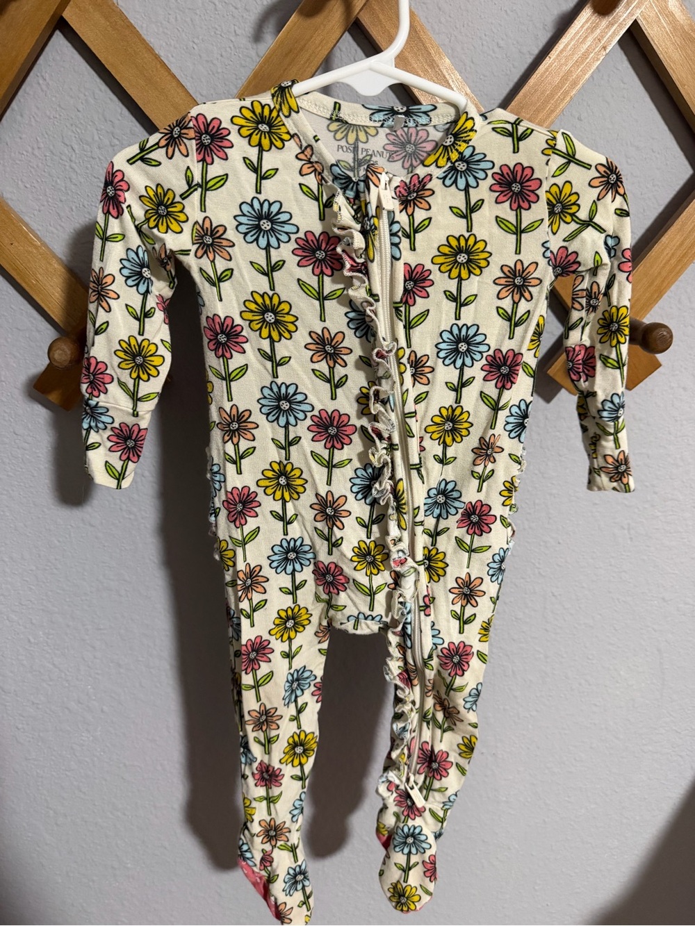 Posh Peanut Floral Ruffle Zip One-Piece - Cream with Pink, Yellow, Blue Flowers